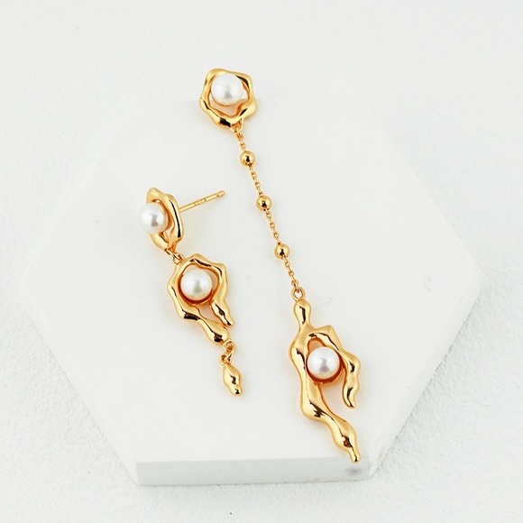 ✨ Asymmetric AB Style Sterling Silver Natural Pearl Earrings Hypoallergenic - Picture 2 of 4